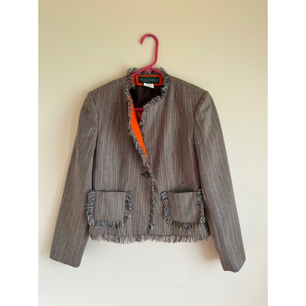 Harve Benard Wool Herringbone Fringe Blazer Jacket Orange Pinstripe Size 6